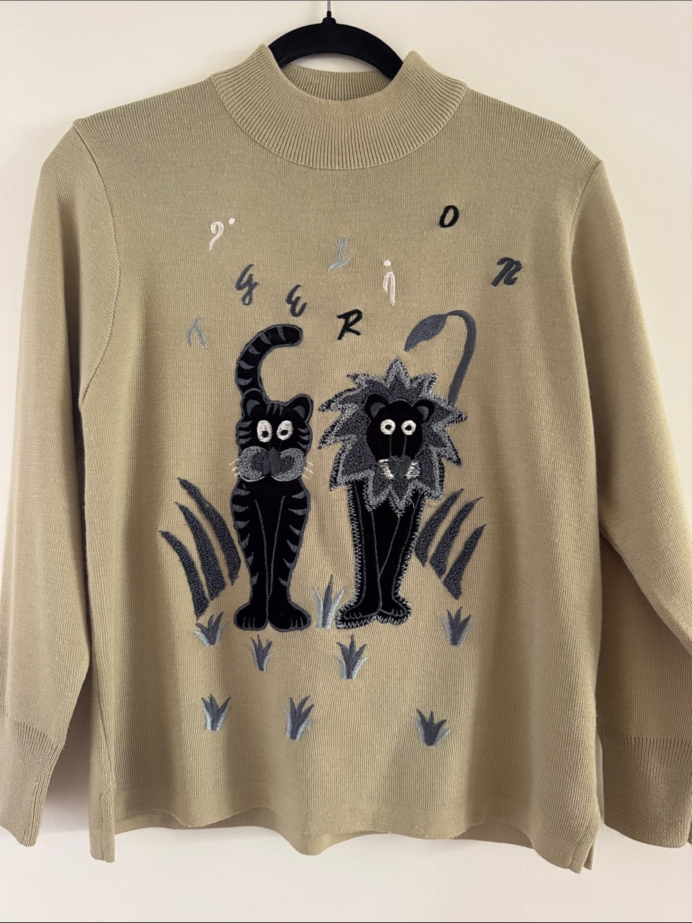 Sage green Pullover Sweater with Black and Gray kitty Appliqué